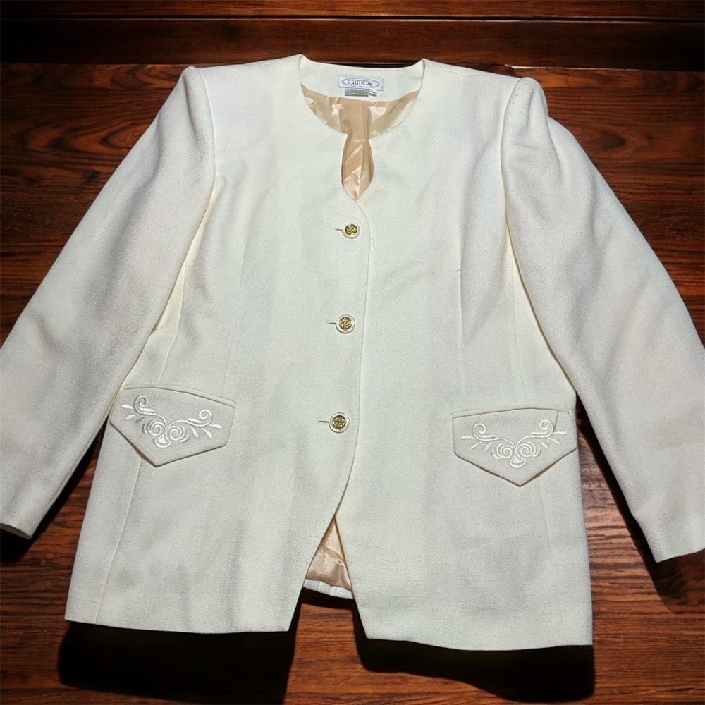 Gilmor Vintage 90s Cream Ivory Gold Button Collarless Blazer Jacket Suit Size 18